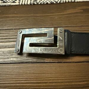 Silver Versace Greca Black Leather Belt